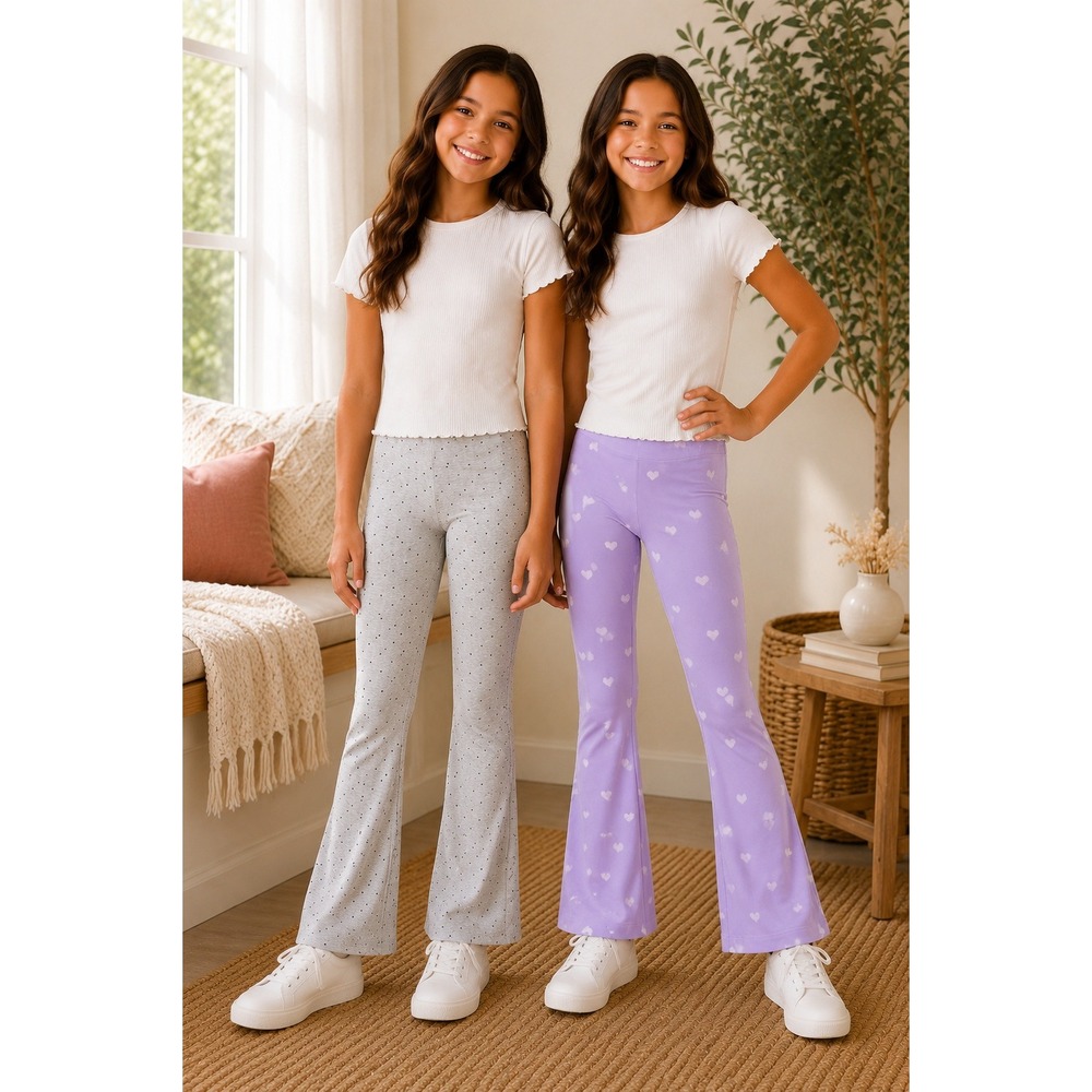 Girls Flare Leggings 2-Pack Gray Polka Dot & Lavender Hearts S (6–7)